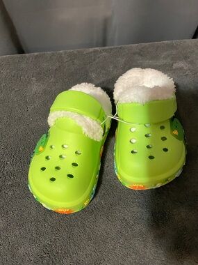 Cozy Lime Green Dinosaur Kids Faux-Fur Lined Slip-On Clogs light up
